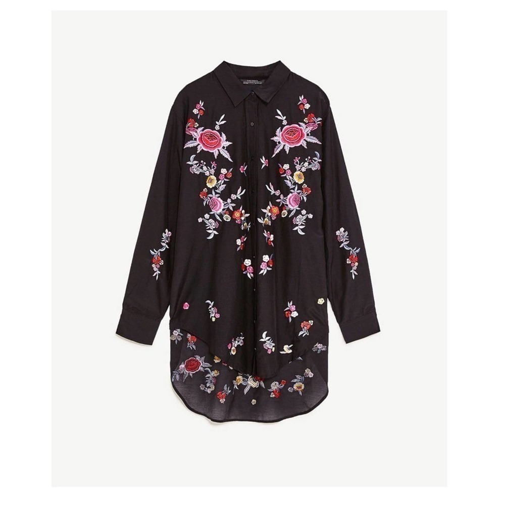 𝅺zara Black Floral Embroidered Button Front Tunic Top Size Small EUC - Picture 2 of 9